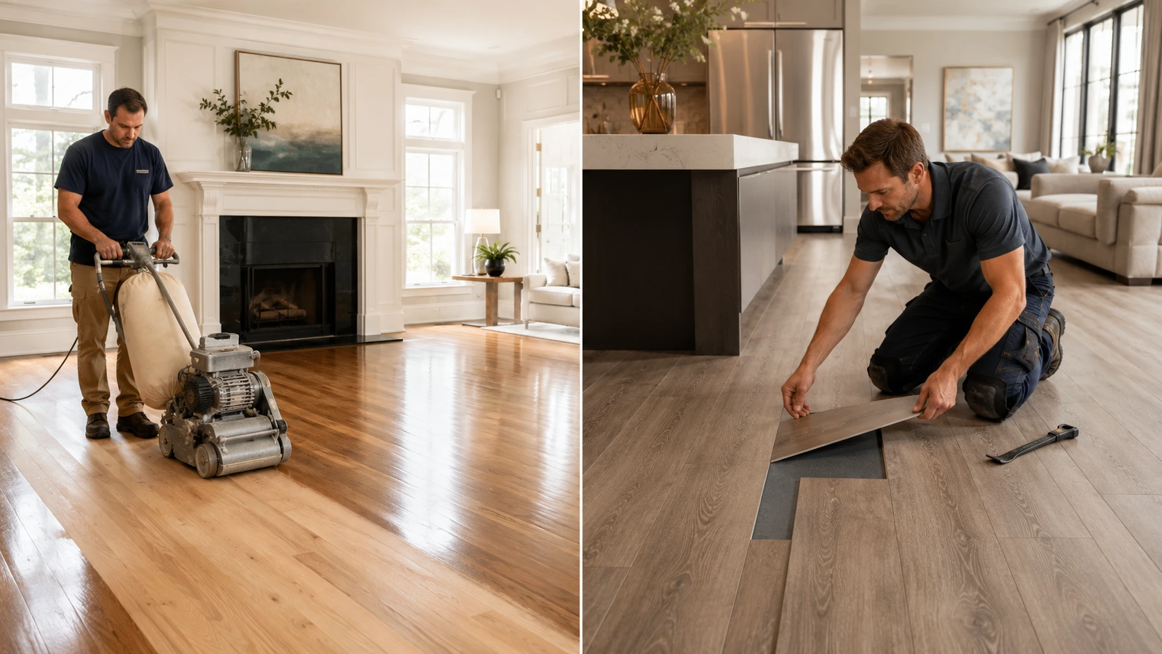 hardwood-refinishing-vs-lvp-plank-replacementjpg Hardwood floor refinishing compared with individual luxury vinyl plank replacement