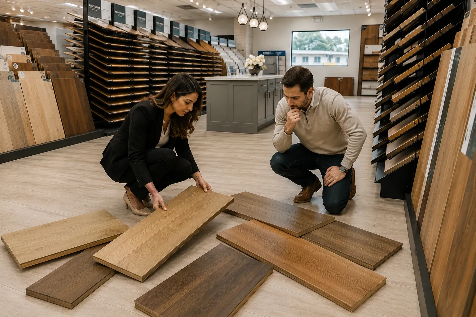 designer and client comparing hardwood flooring samples at karpet king design center in rockville, maryland