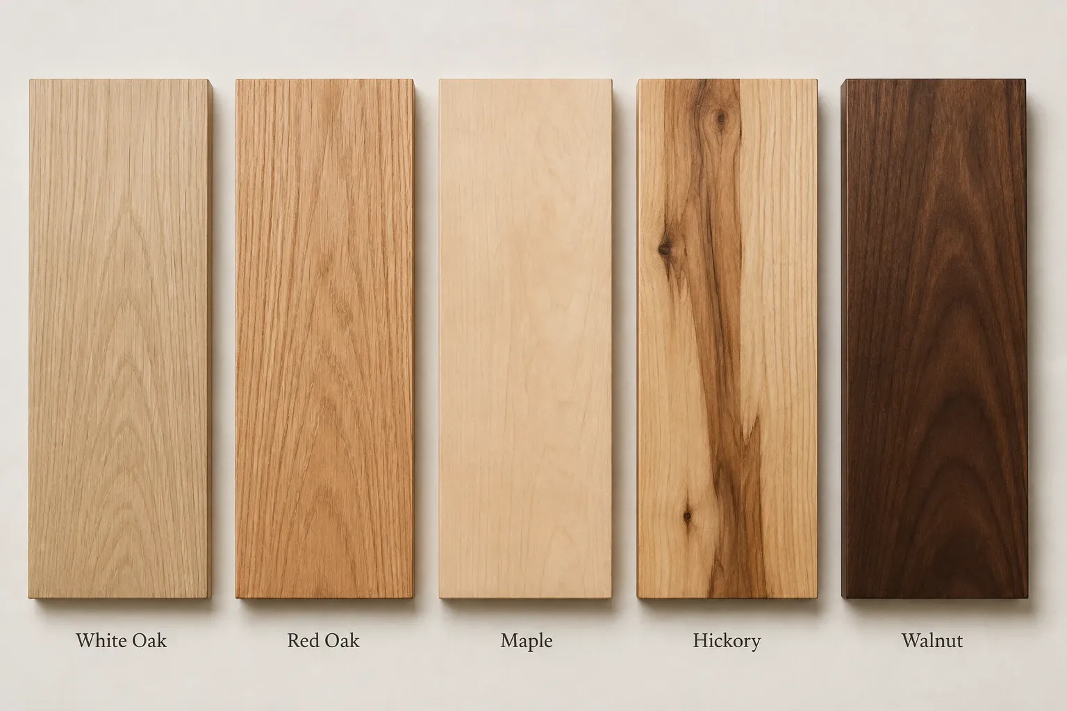 hardwood samples showing white oak, red oak, maple, hickory and walnut