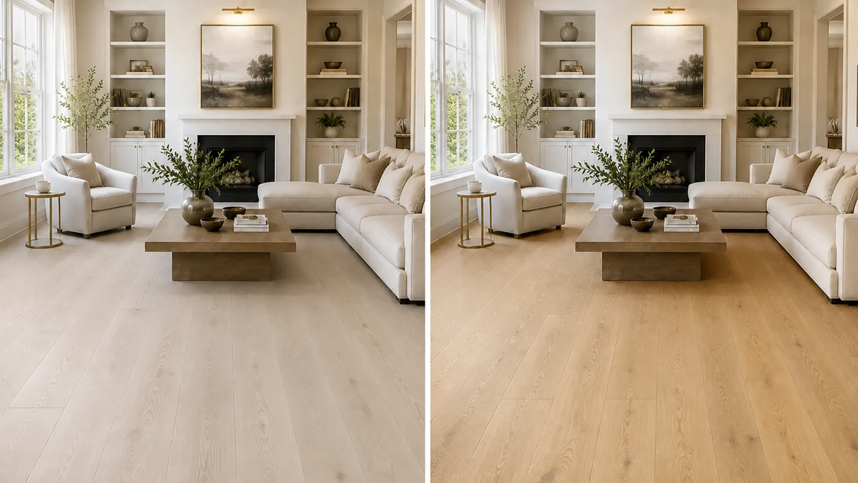 same living room shown with two natural oak hardwood undertones to compare how the floor changes the overall palette