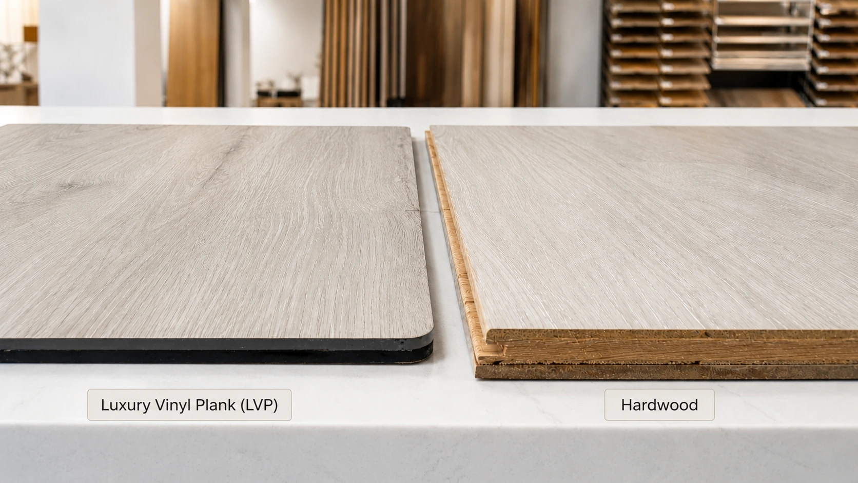 hardwood-vs-lvp-authenticity-closeupjpg Real hardwood and luxury vinyl plank samples compared side by side on a neutral material table