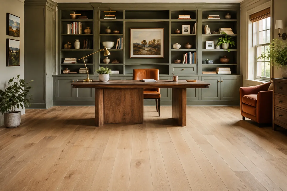 home-office-fabrica-calais-basin-oak-green-library – karpet king design center warm contemporary home office with fabrica calais basin oak hardwood flooring and a built-in sage green library