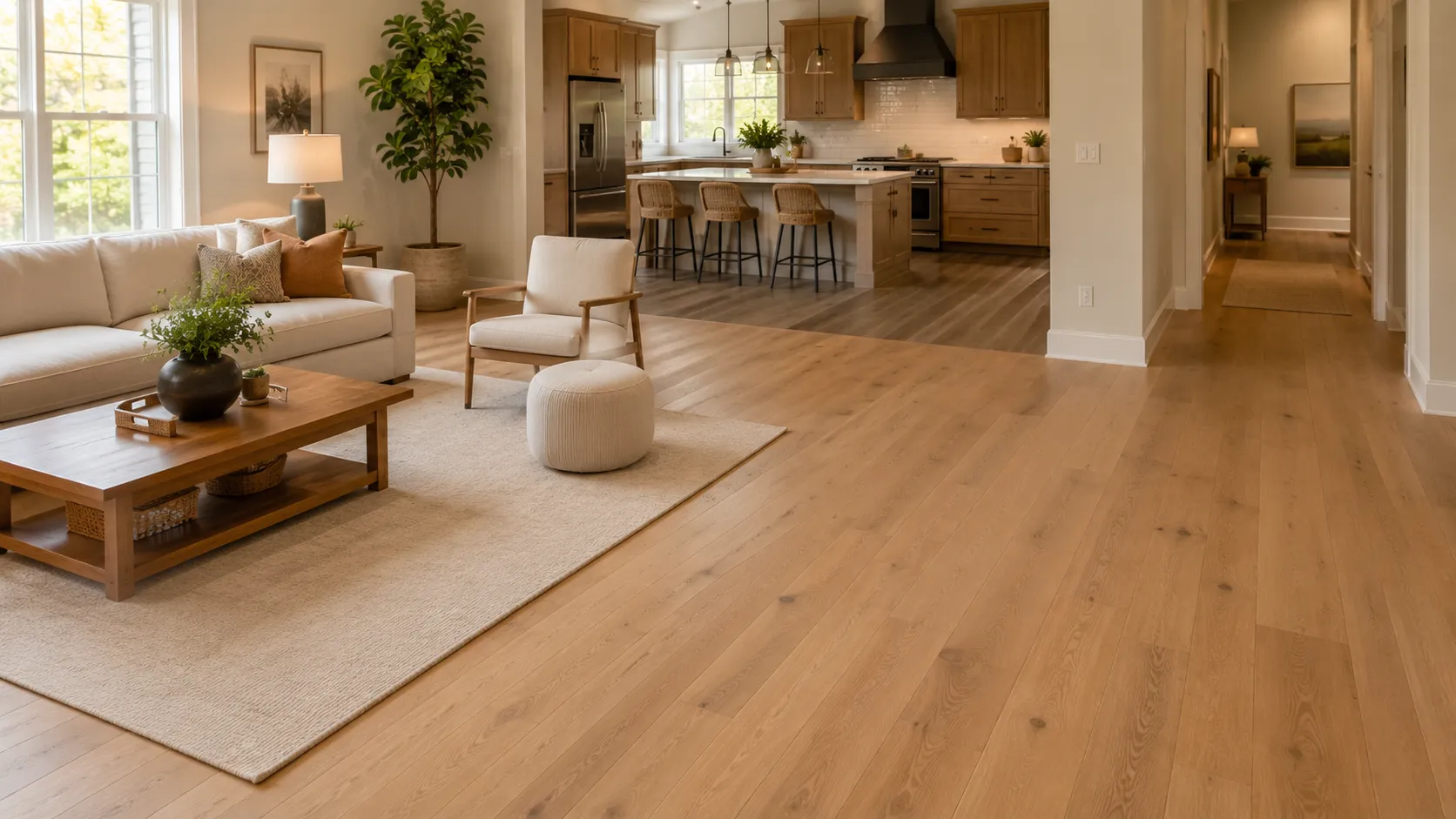 Open-plan warm modern home with hardwood flooring in the living room and wood-look LVP in the kitchen
