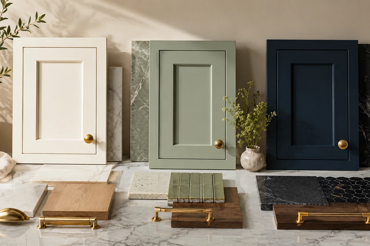 Warm white, muted sage green, and navy cabinet door samples coordinated with stone, tile, wood, and brass hardware.