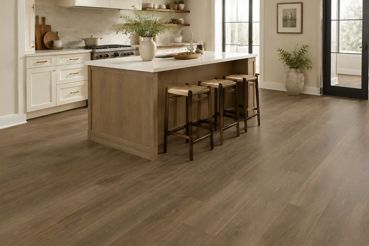 kitchen-trucor-autumn-oak-lvp-flooring – karpet king design center warm modern kitchen with trucor autumn oak wood-look luxury vinyl plank flooring