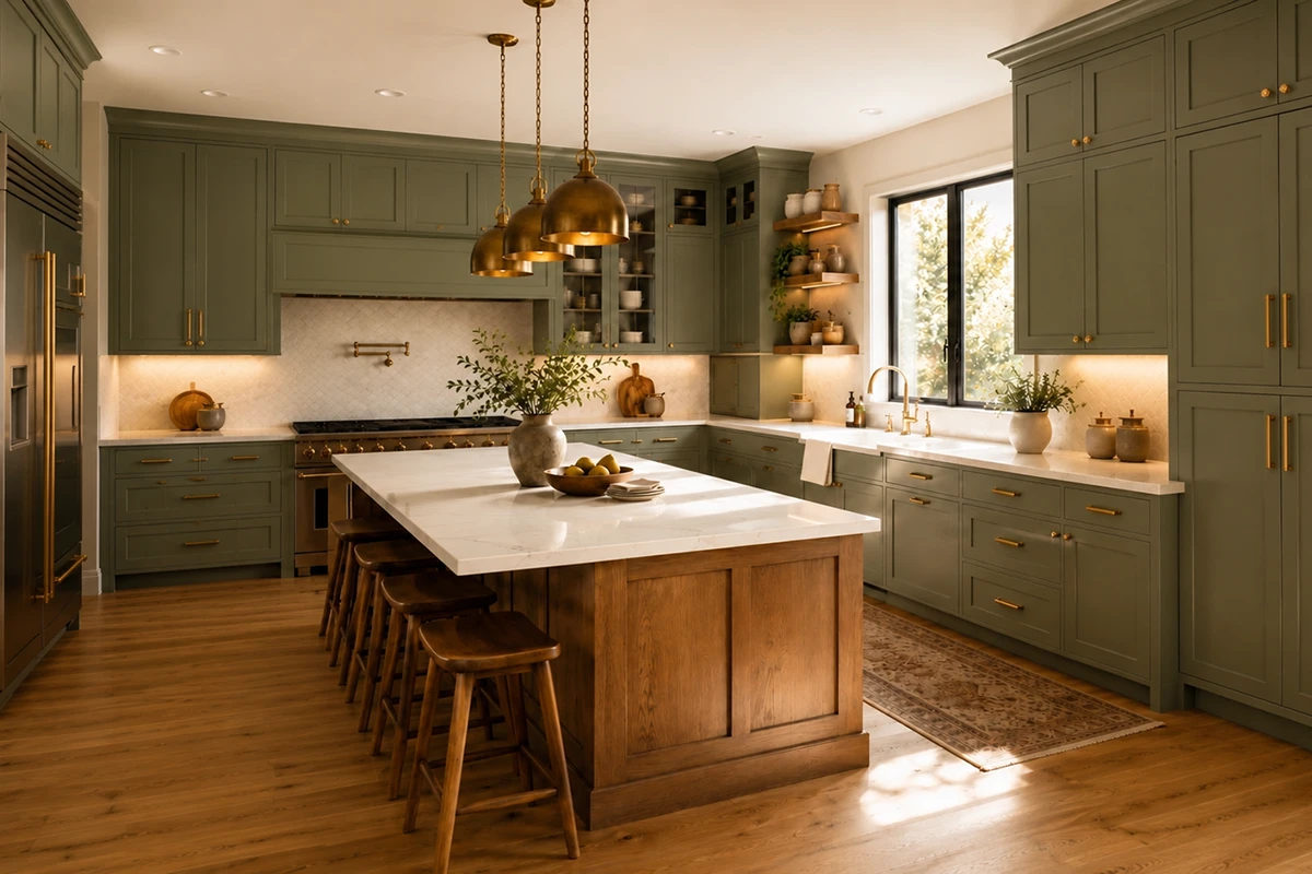 Timeless olive green Shaker kitchen cabinets with a natural wood island, white stone countertops, brass hardware, warm lighting, and oak flooring.