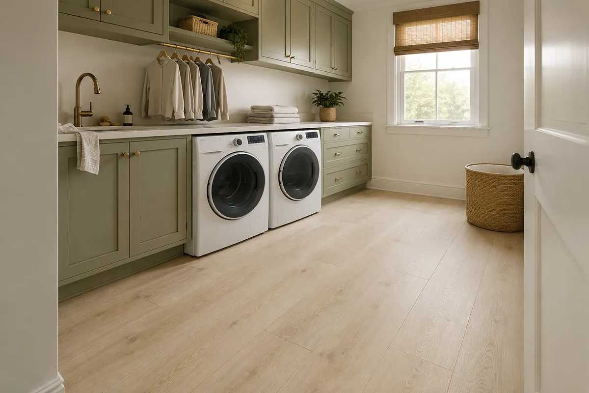 laundry-room-trucor-tymbr-xl-marbella-flooring – karpet king design center warm contemporary laundry room with trucor tymbr xl marbella flooring and sage green cabinetry
