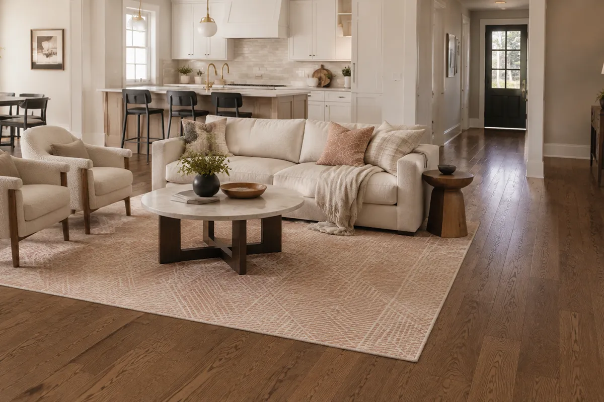 living-room-brook-red-oak-hardwood-blush-area-rug – karpet king design center warm modern living room with brook red oak hardwood flooring and a blush geometric area rug