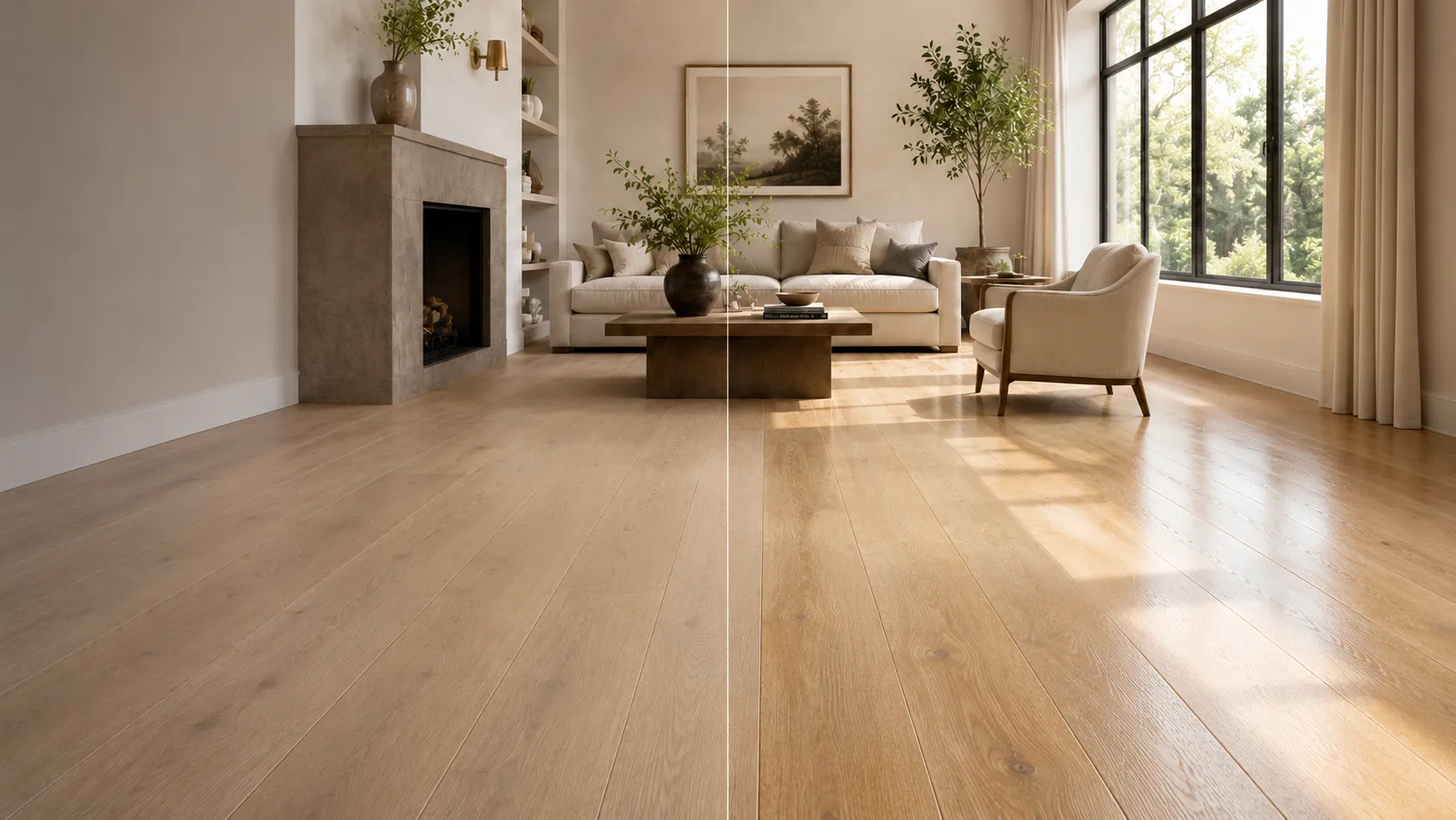 hardwood flooring shown in the same sunlit room with matte and satin finish reflectivity for comparison
