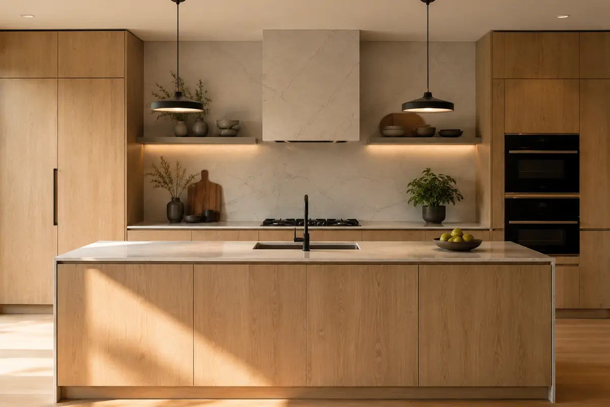 Modern kitchen with smooth flat-panel cabinets, natural wood grain, minimal hardware, and integrated appliances.