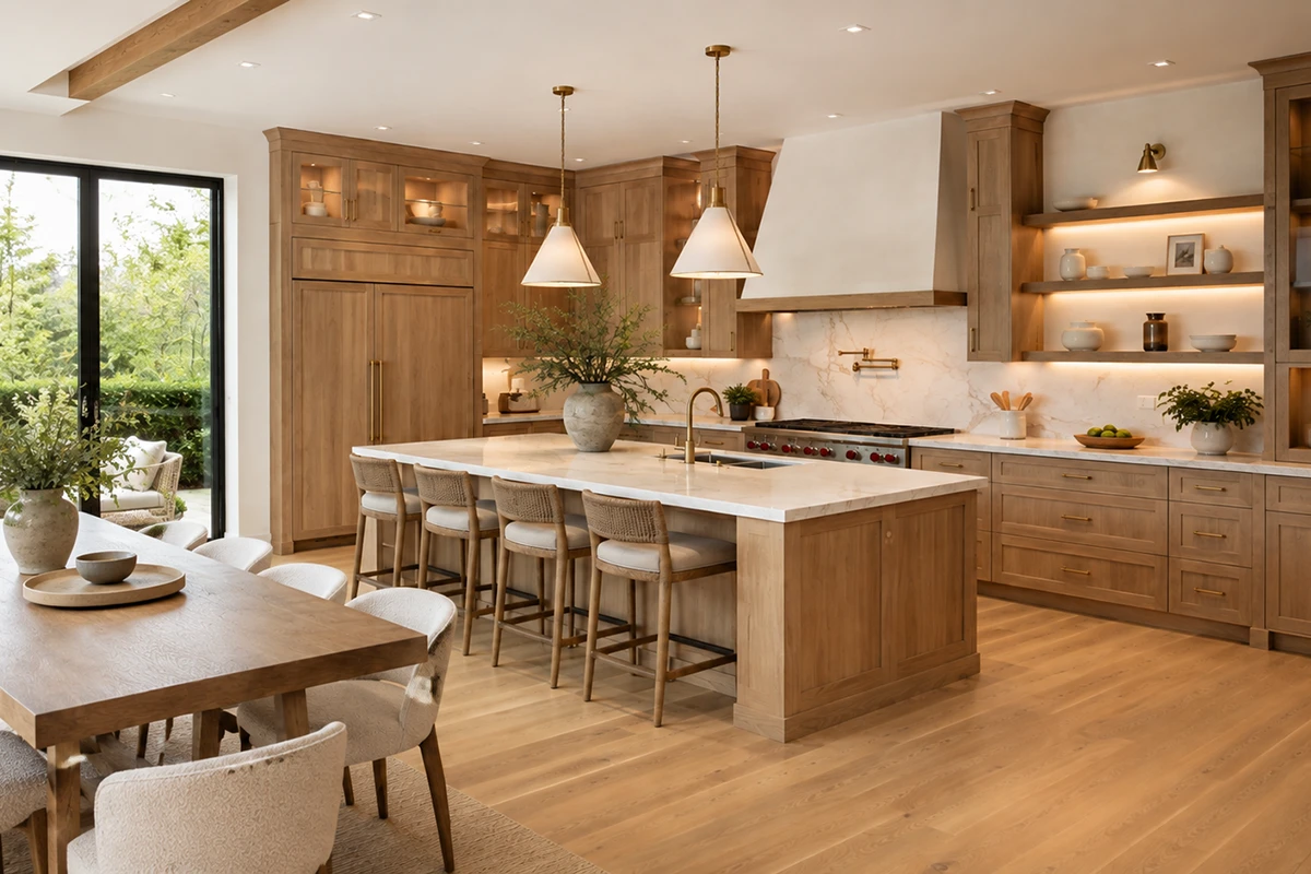 Close-up of light natural oak kitchen cabinets with subtle wood grain, creamy stone countertops, and brushed brass hardware.