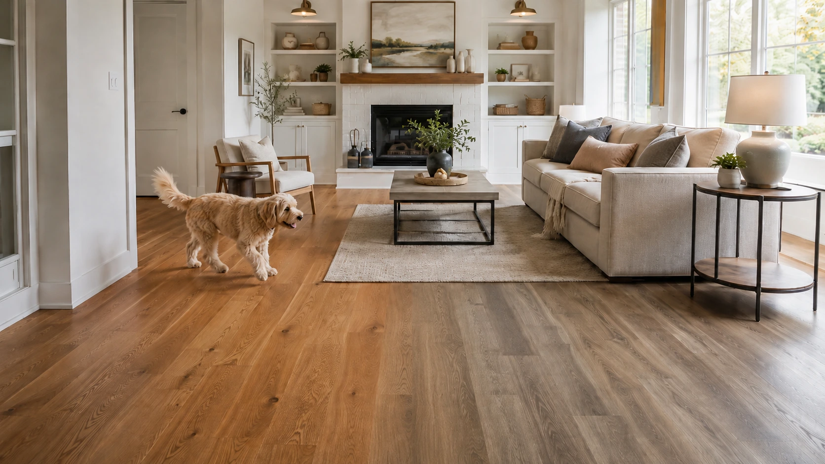 pet-family-hardwood-lvp-flooring-comparisonjpg Family and pet-friendly flooring comparison with visible hardwood and luxury vinyl plank surfaces