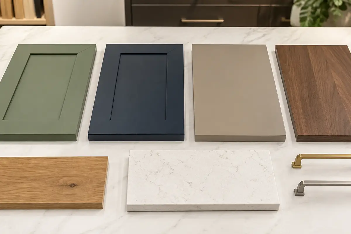 Standard Shaker, slim Shaker, painted slab, and wood flat-panel cabinet samples displayed with stone and hardware.