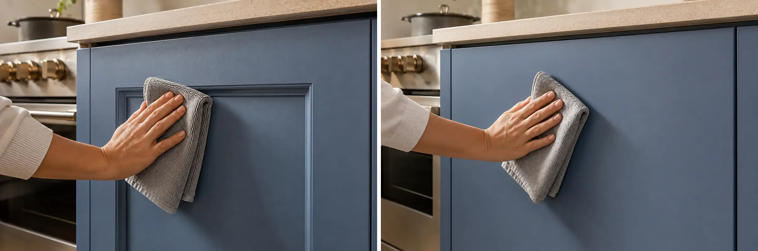 Comparison of cleaning a smooth flat-panel cabinet beside a framed Shaker cabinet door in a residential kitchen.