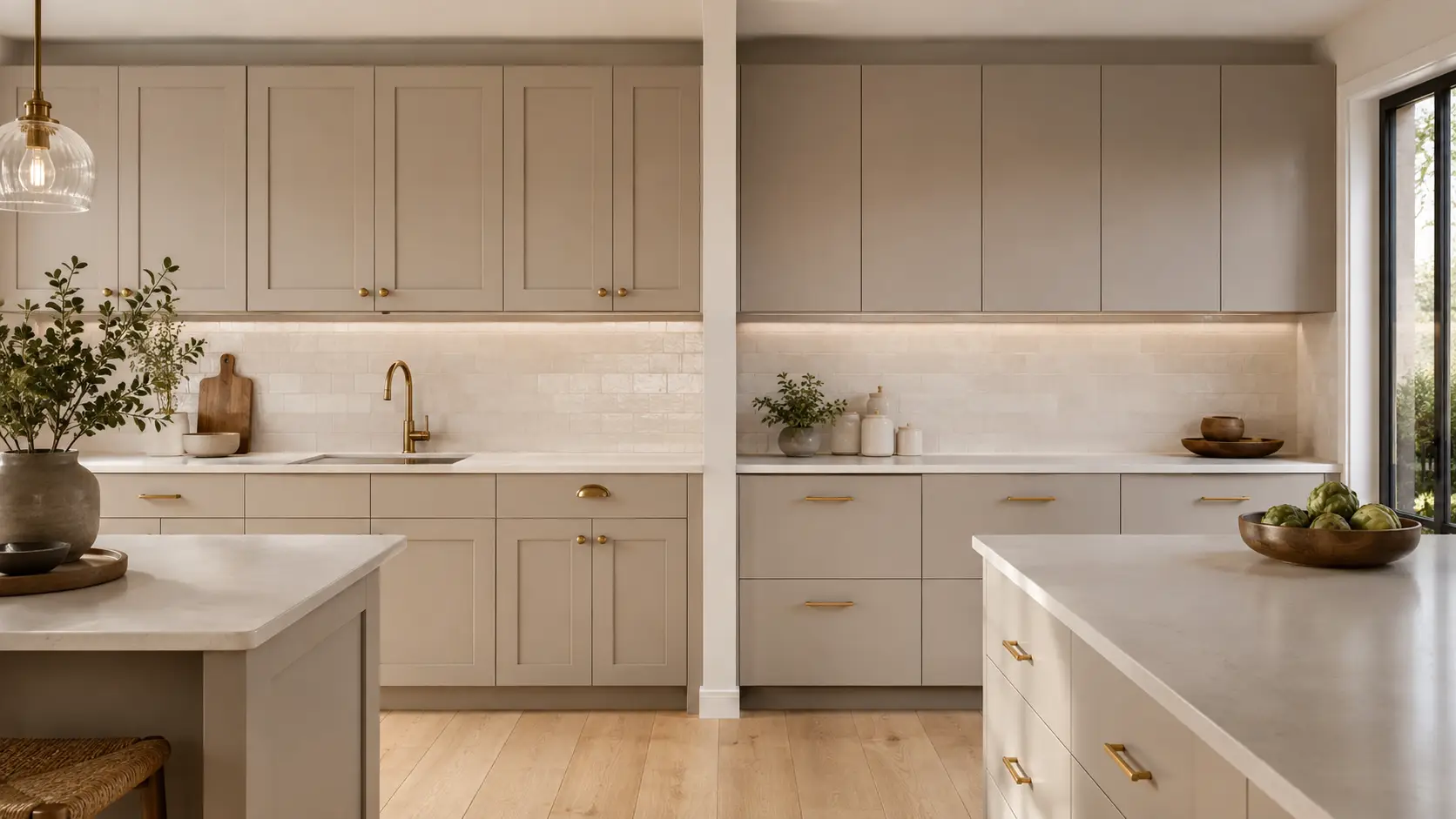 Side-by-side kitchen comparison showing slim Shaker cabinets and flat-panel cabinets in the same warm neutral finish.