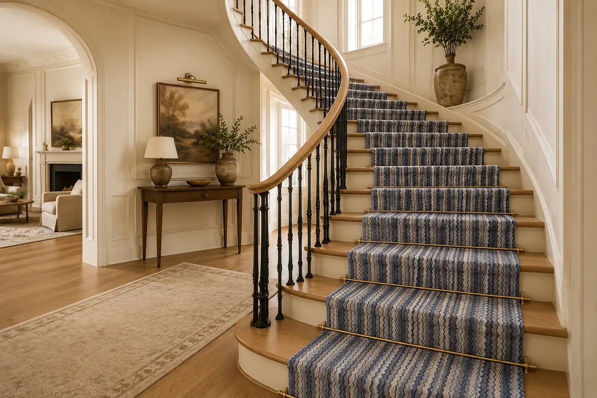 staircase-prestige-missoni-forlini-cobalt-runner – karpet king design center curved hardwood staircase with prestige missoni forlini carpet runner in cobalt