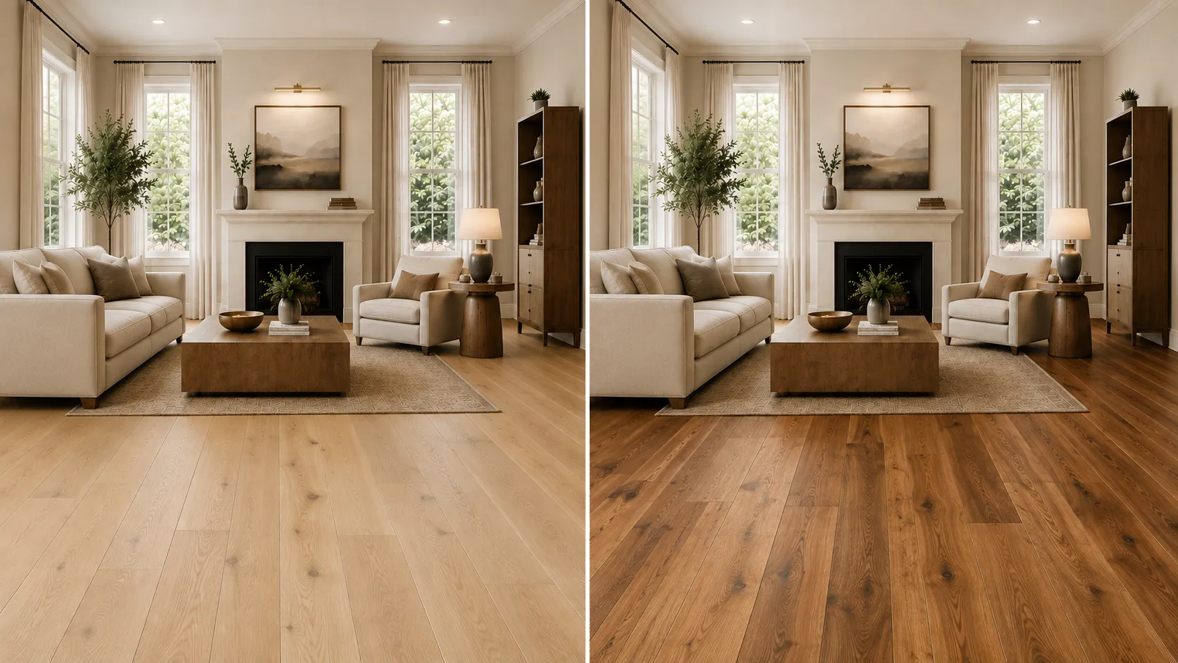 side-by-side hardwood samples comparing subtle grain with stronger natural grain and color variation