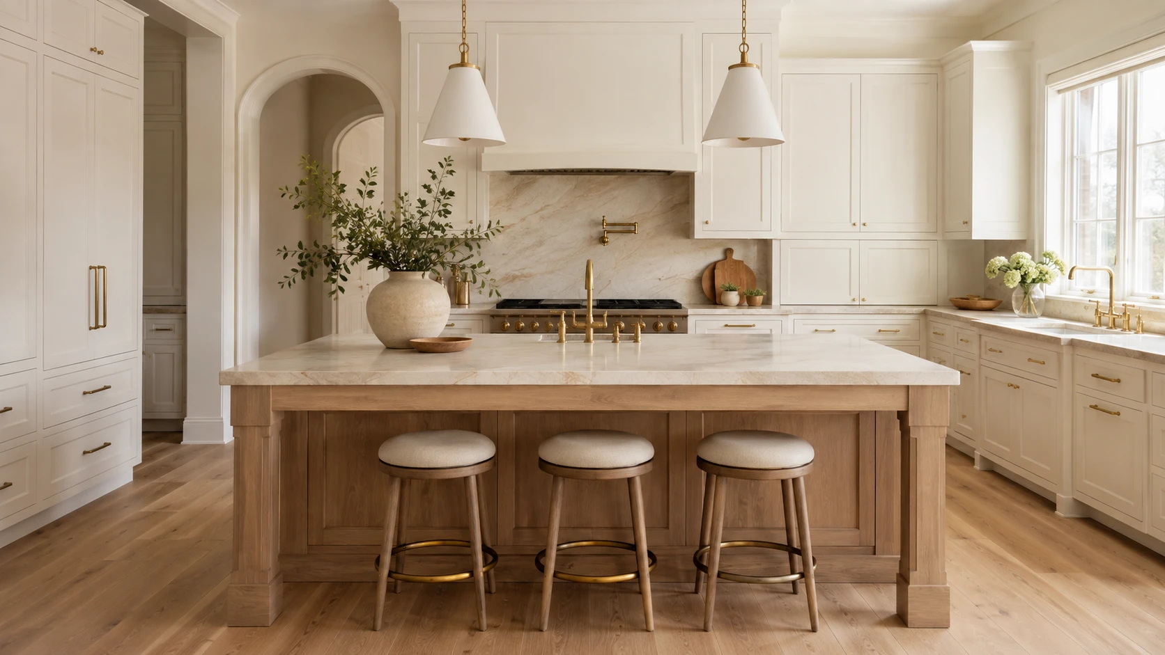 Warm off-white kitchen cabinets with a natural white oak island, creamy stone countertops, brass hardware, and light oak flooring.