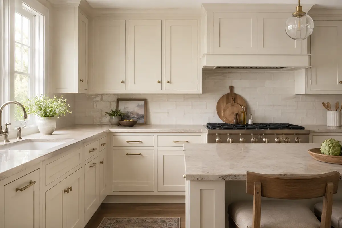 Transitional kitchen with warm Shaker cabinets, recessed panel doors, stone countertops, and understated metal hardware.