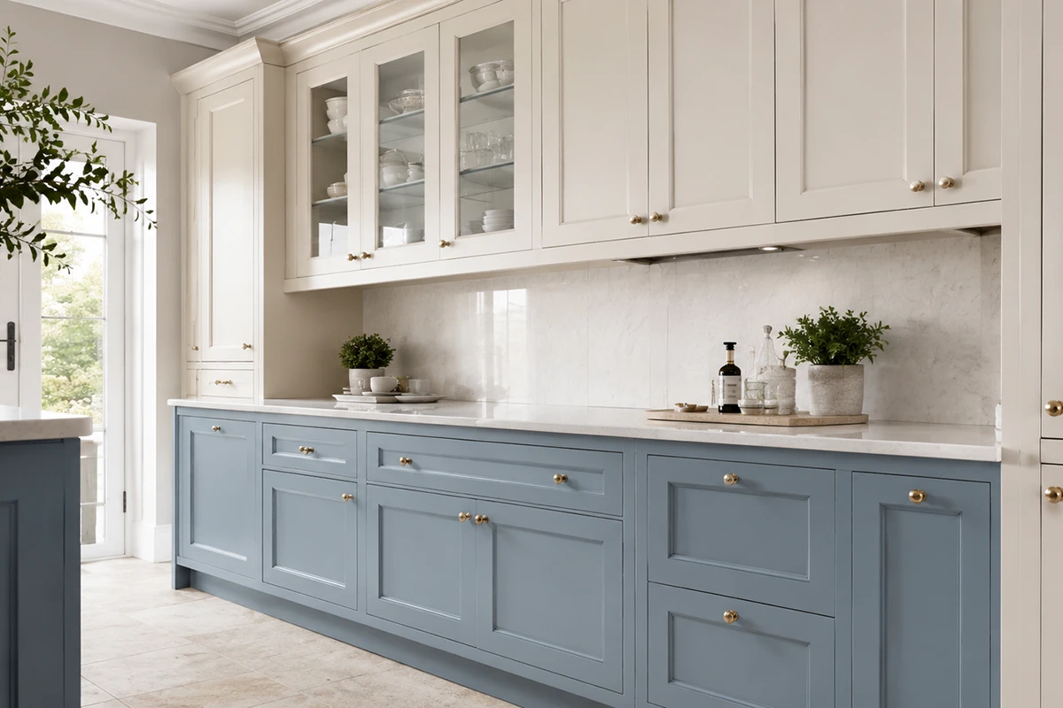 Timeless olive green Shaker kitchen cabinets with a natural wood island, white stone countertops, brass hardware, warm lighting, and oak flooring.