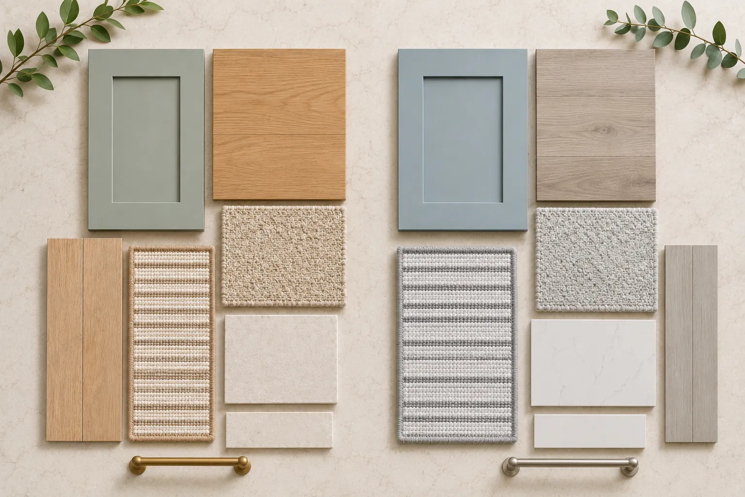 warm-cool-flooring-undertones-comparison – karpet king design center warm and cool flooring samples compared with cabinet, countertop and paint swatches under natural light