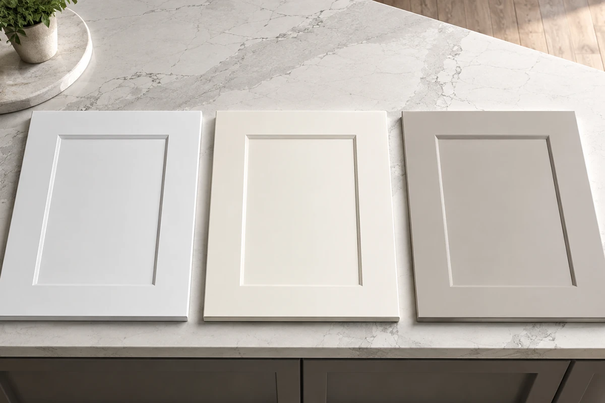 Cool white, warm white, and soft greige Shaker cabinet door samples displayed together on a light stone countertop.