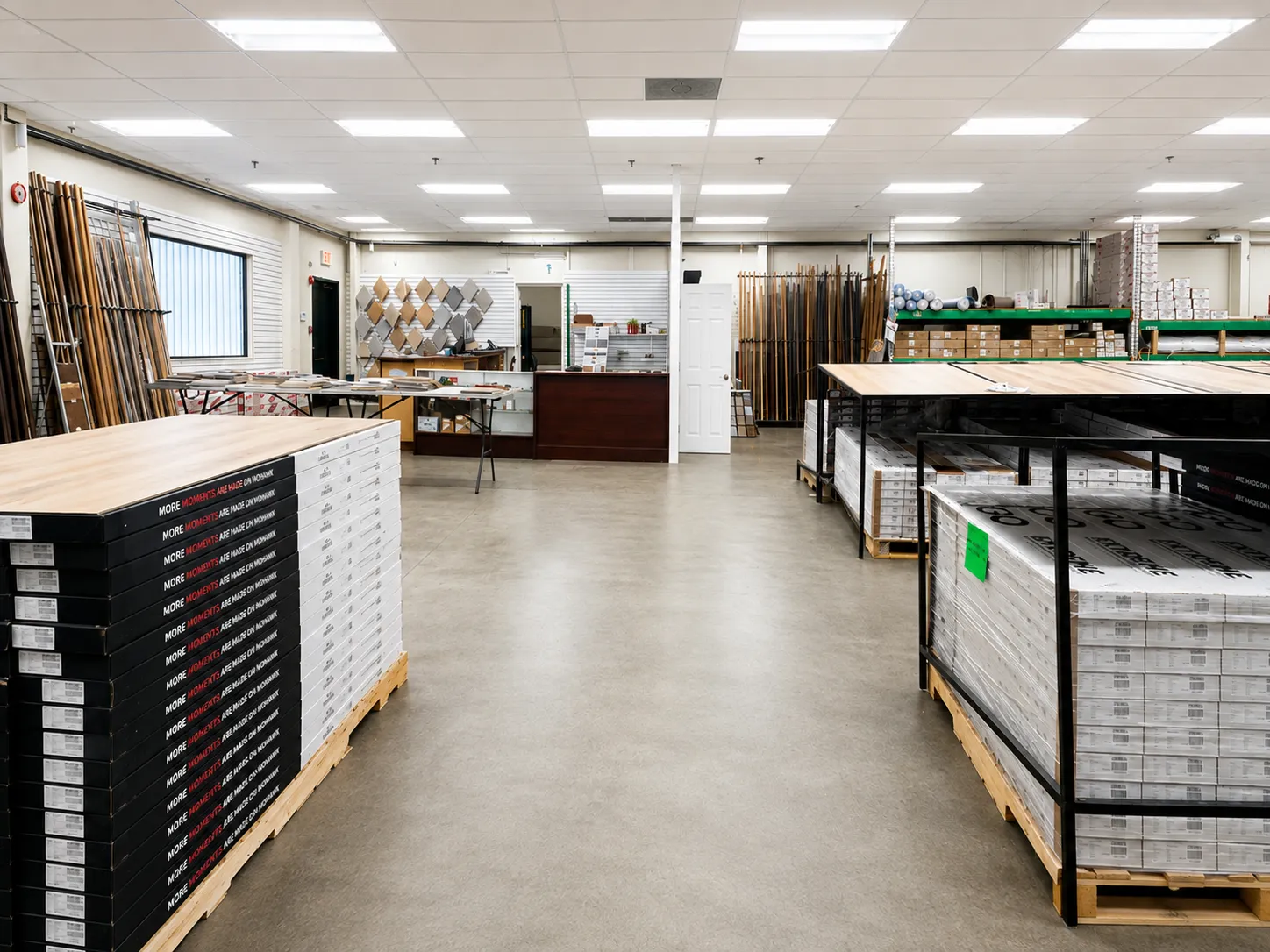stacked in-stock flooring ready for purchase at karpet king in rockville, md