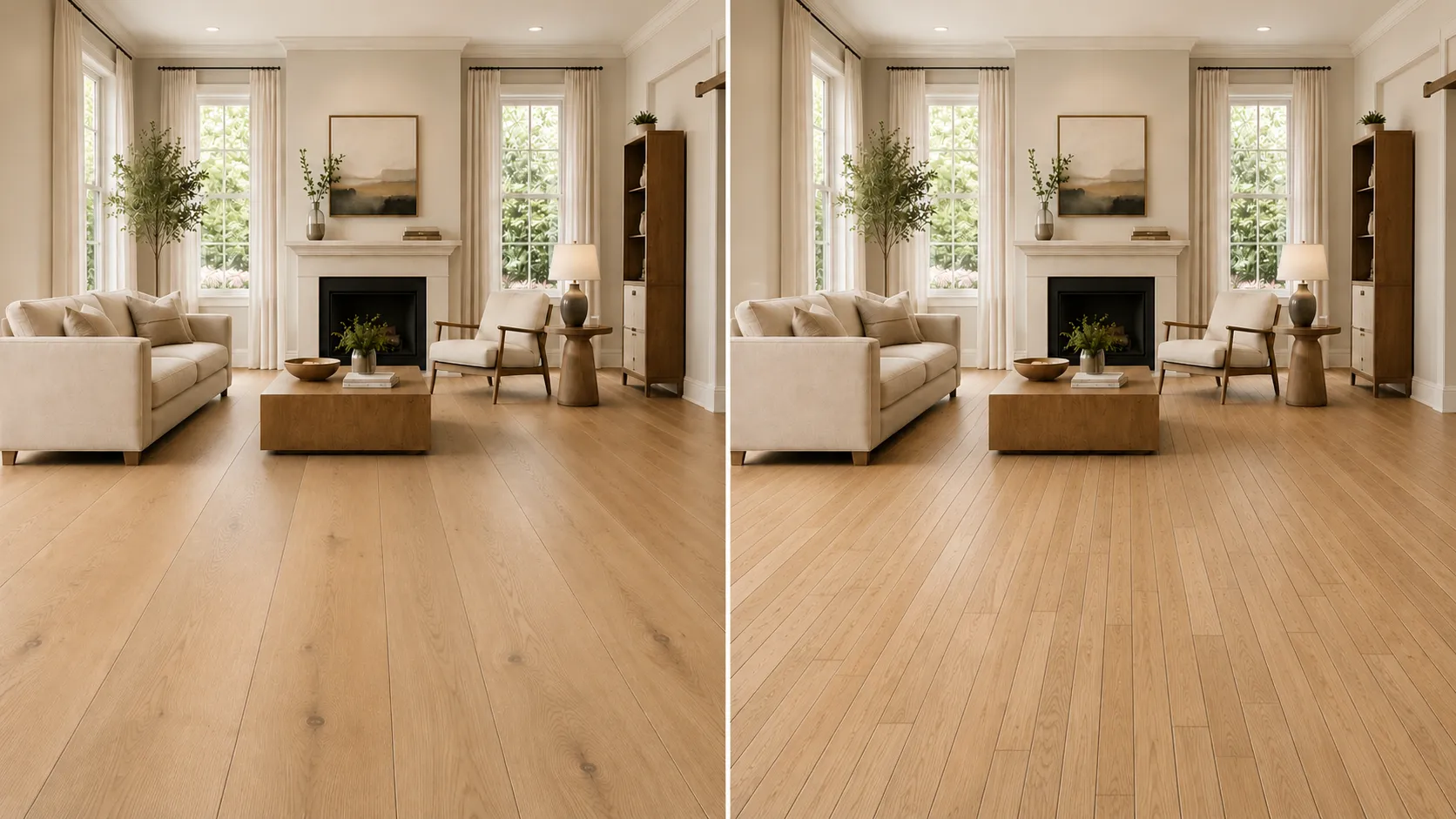 same living room compared with wide-plank and narrow-plank hardwood flooring