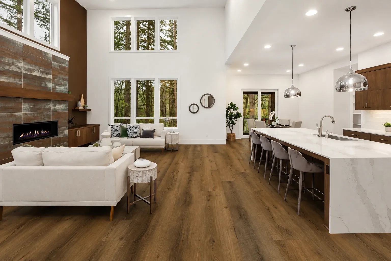 wide-plank hardwood flooring in a bright modern open-plan living space