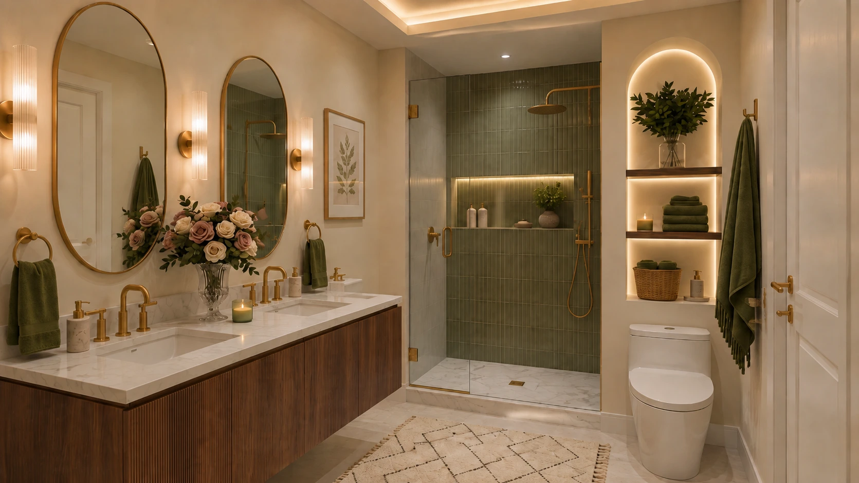 bathroom-design-guide-modern-primary-bathroomjpg – karpet king design center warm modern primary bathroom with large-format porcelain tile, wood vanity, walk-in shower and layered lighting.