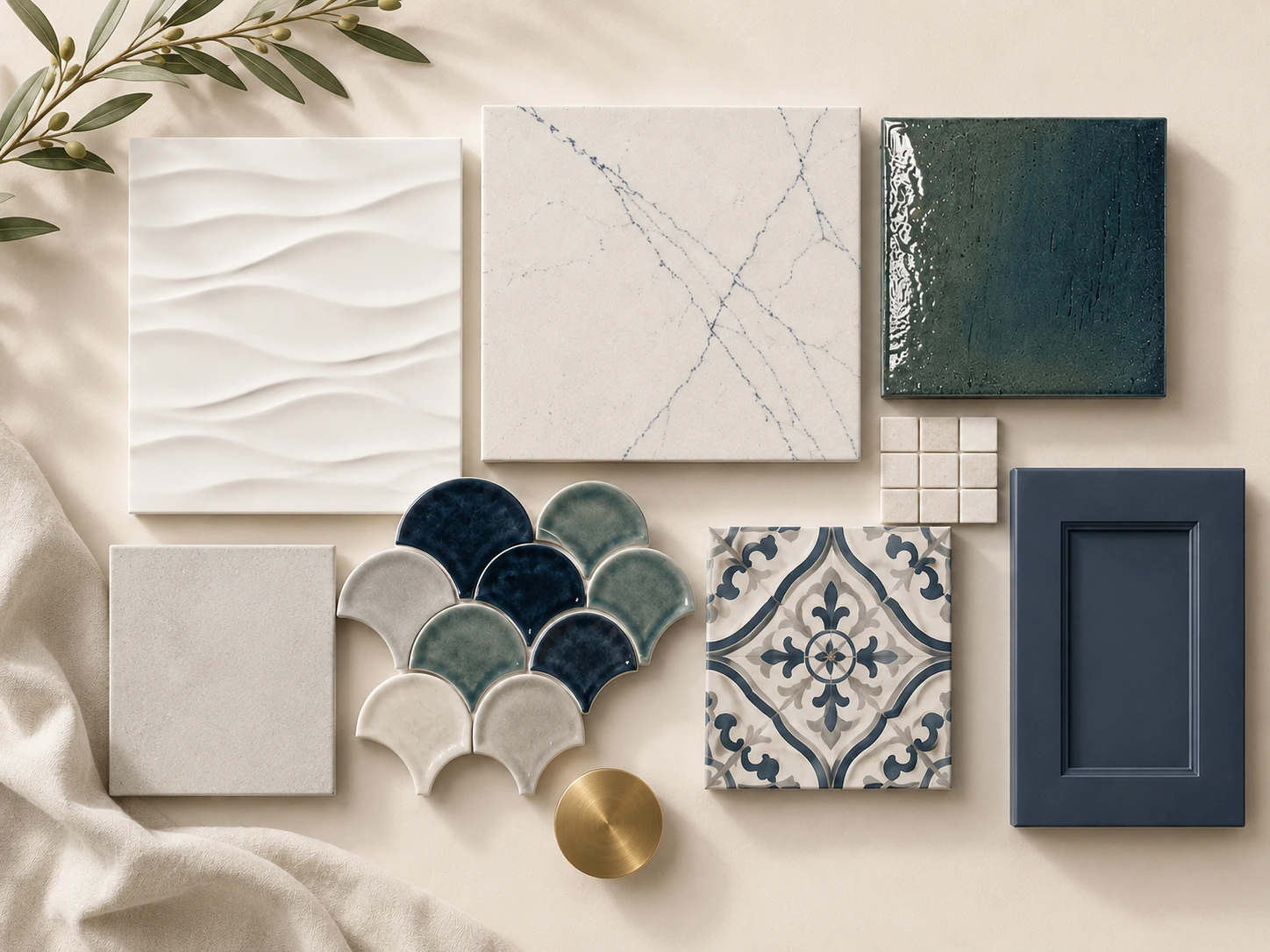 bathroom-material-palette-tile-vanity-countertop-hardwarejpg – karpet king design center bathroom material palette with porcelain tile, shower mosaic, wood and green cabinet samples, quartz surface and brushed metal finish.