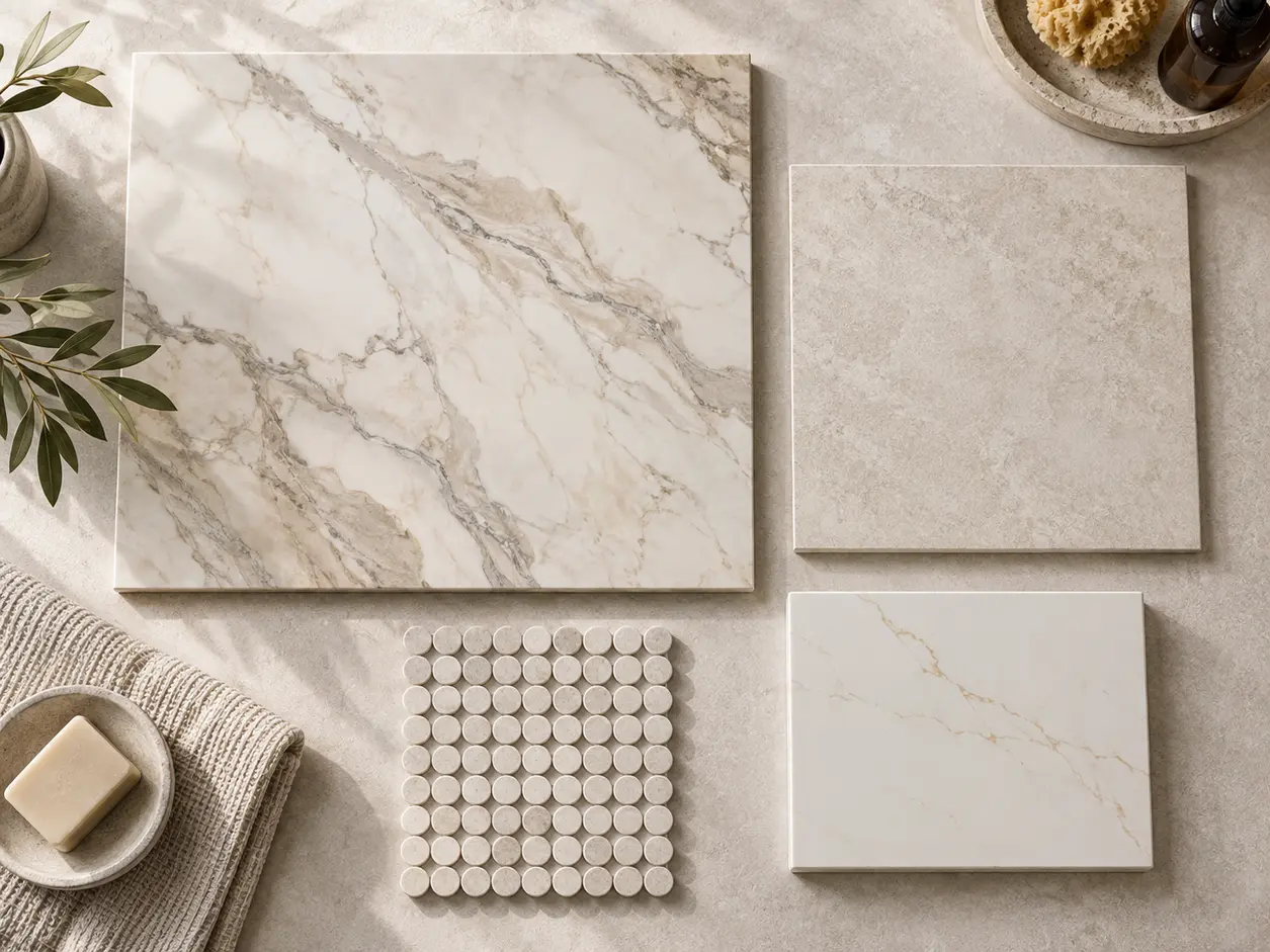 bathroom material board comparing large-scale veining, subtle tile and small mosaic pattern