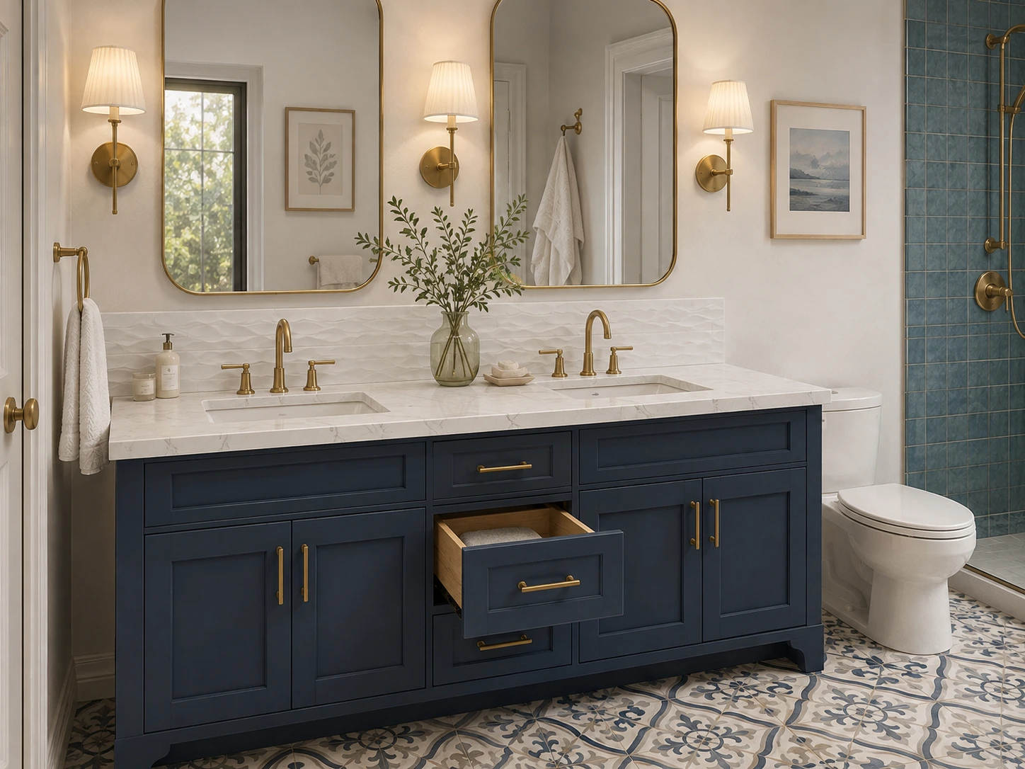 bathroom-vanity-storage-countertop-backsplash-designjpg – karpet king design center bathroom vanity with organized drawers, stone-look countertop, simple backsplash, mirror and wall sconces.