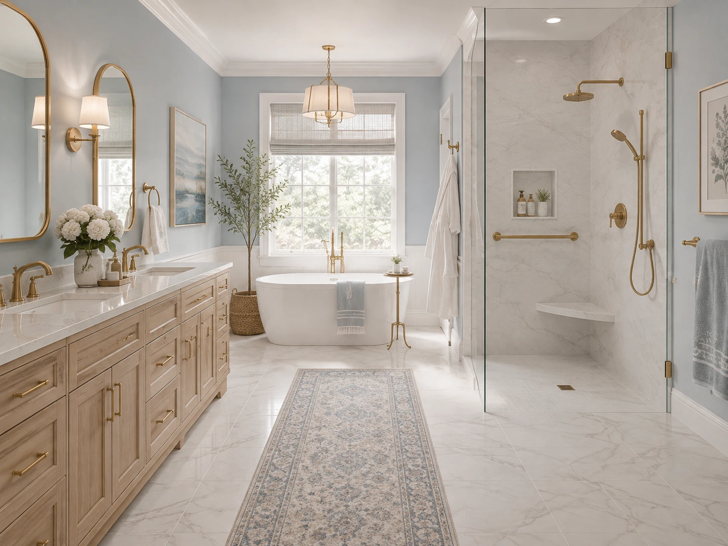 curbless-shower-bench-accessible-bathroom-designjpg – karpet king design center elegant curbless shower with integrated bench, handheld shower and discreet grab bar in a warm modern bathroom.
