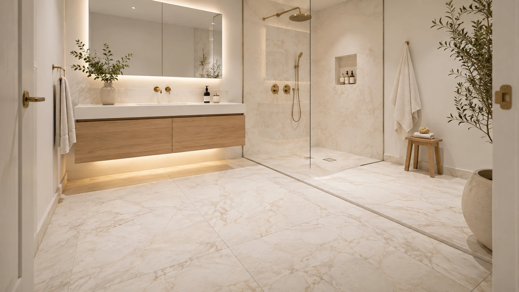 large-format-porcelain-bathroom-flooring-detailjpg – karpet king design center large-format warm stone-look porcelain bathroom floor beside a wood vanity and glass shower.