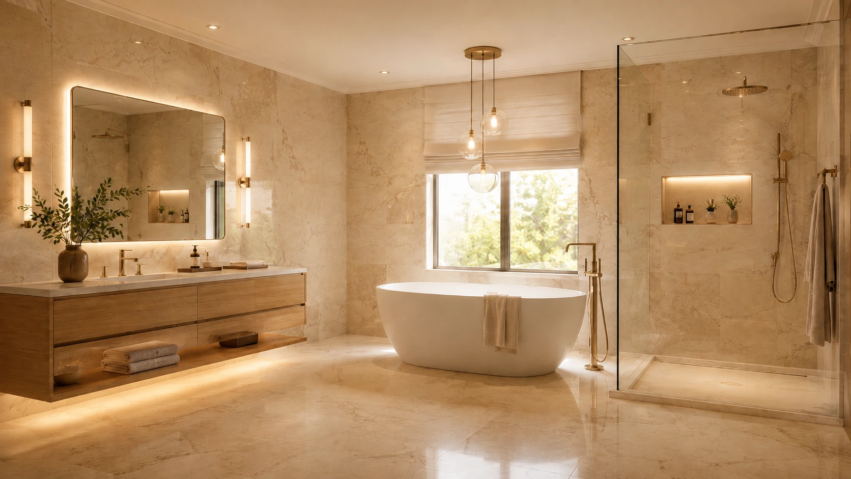 layered-bathroom-lighting-vanity-shower-night-lightjpg – karpet king design center bathroom with natural daylight, mirror task lighting, ceiling light and soft under-vanity night lighting.