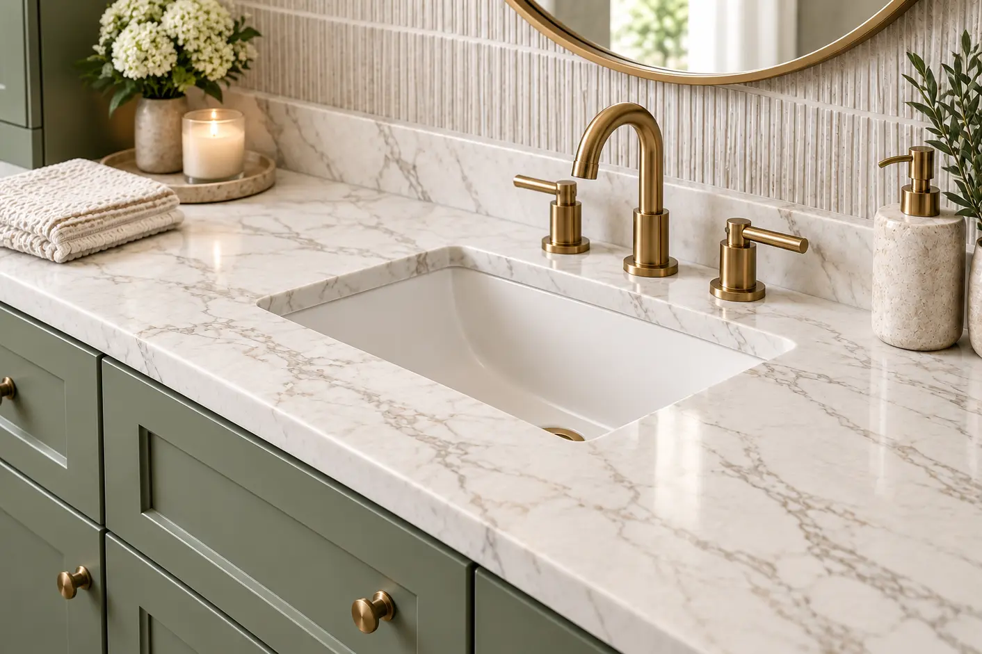 sage bathroom vanity paired with white veined countertop and brushed brass faucet