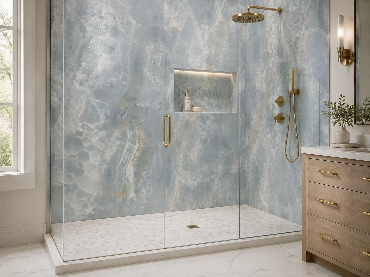 walk-in-shower-large-format-wall-tile-mosaic-floorjpg – karpet king design center walk-in shower with large-format wall tile, small-format shower floor, recessed niche and clear glass.