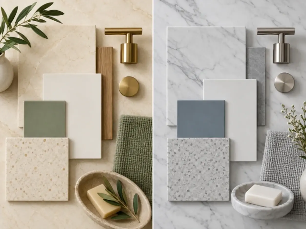 warm and cool bathroom material samples compared side by side in natural light