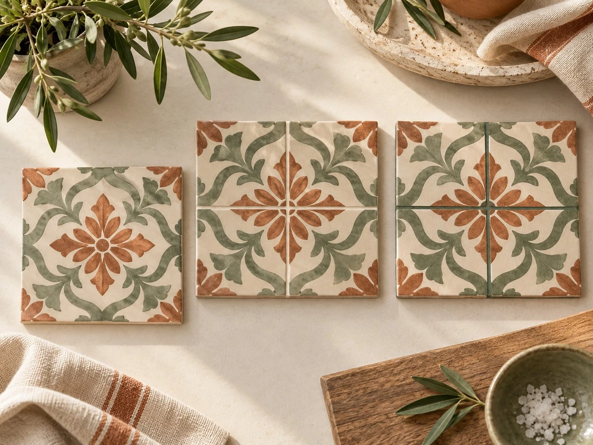 patterned ceramic accent tile with coordinating and contrasting grout sample sticks.