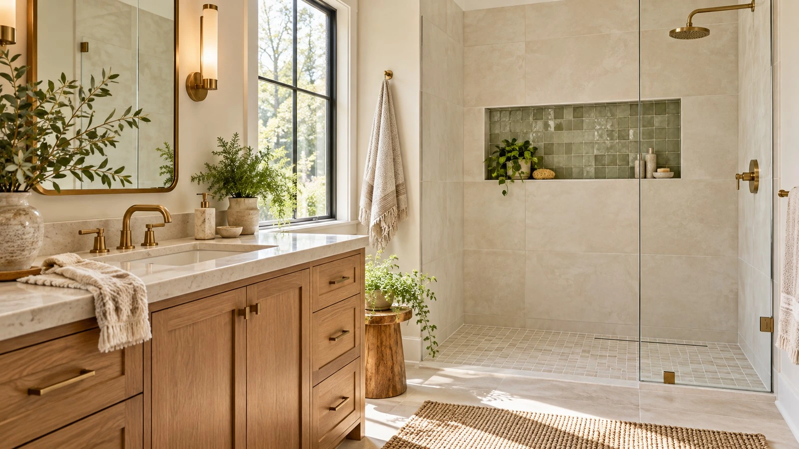 Bathroom with a muted green accent-tile niche and neutral wall tile.