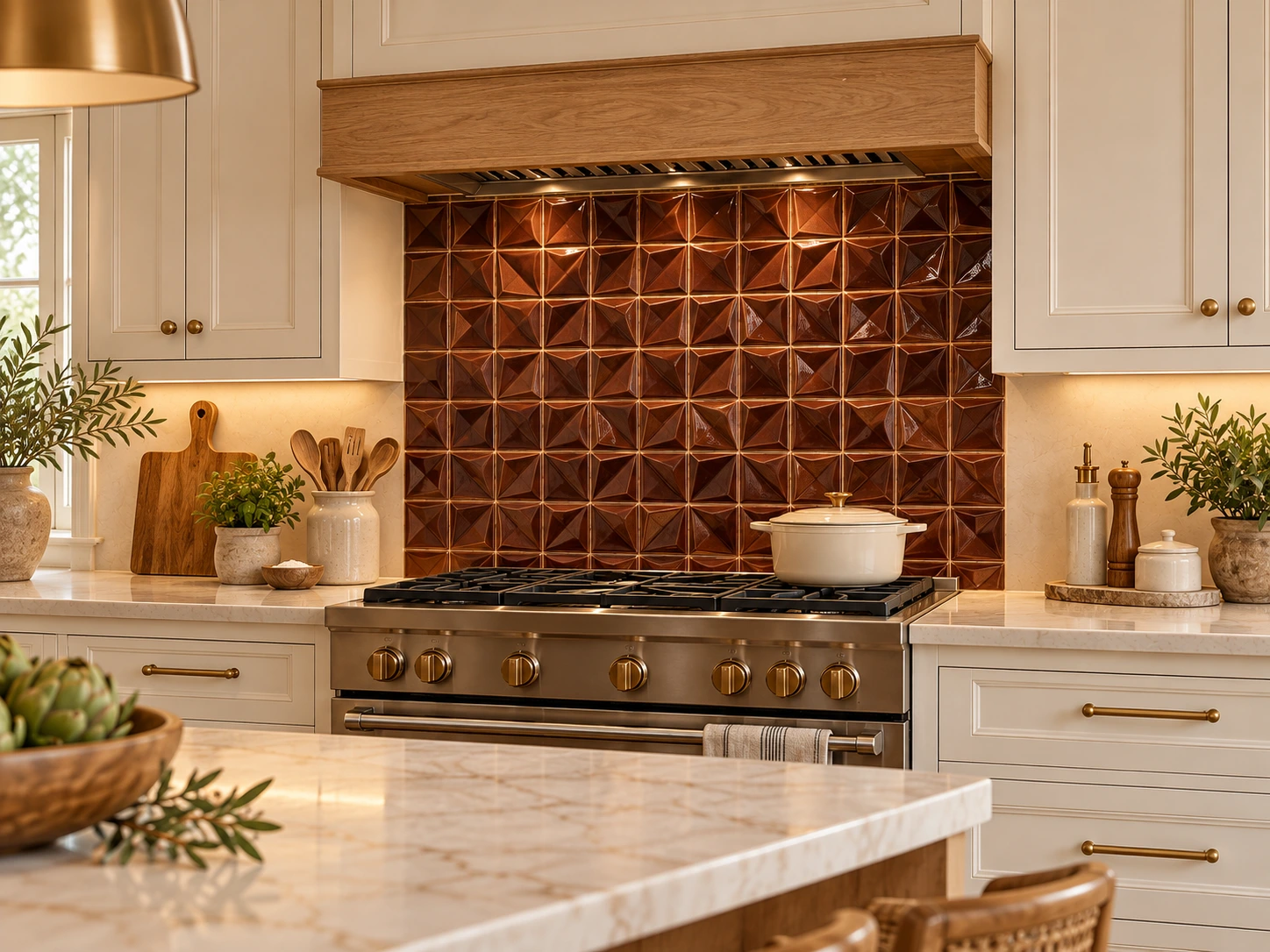 soft sage ceramic accent tile behind a range with cream cabinetry and a pale countertop.