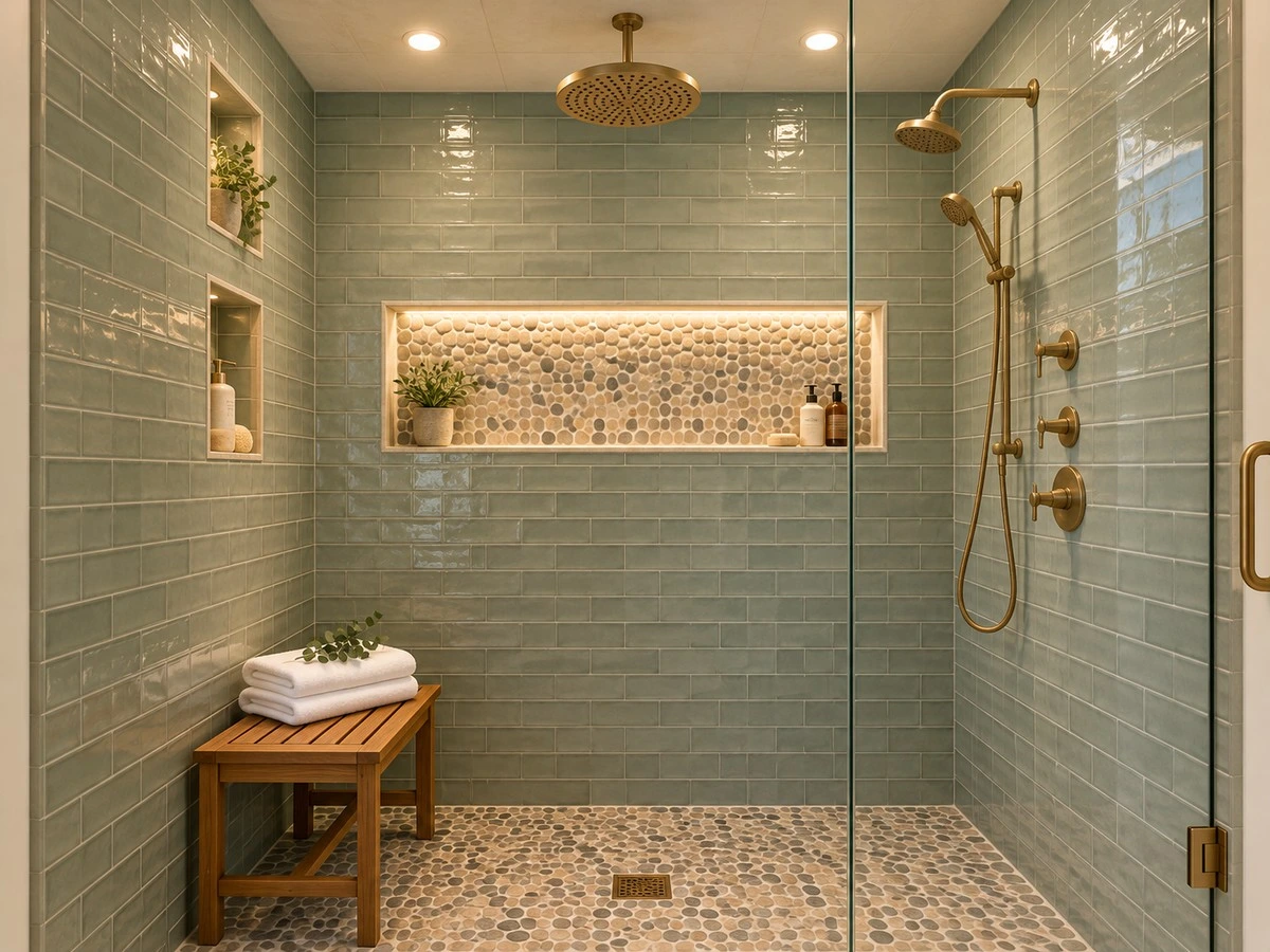 close-up of a patterned tile shower niche framed by neutral large-format wall tile.