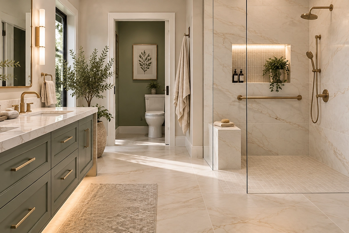 elegant accessible bathroom with barrier-free shower, bench, handheld fixture and grab bar
