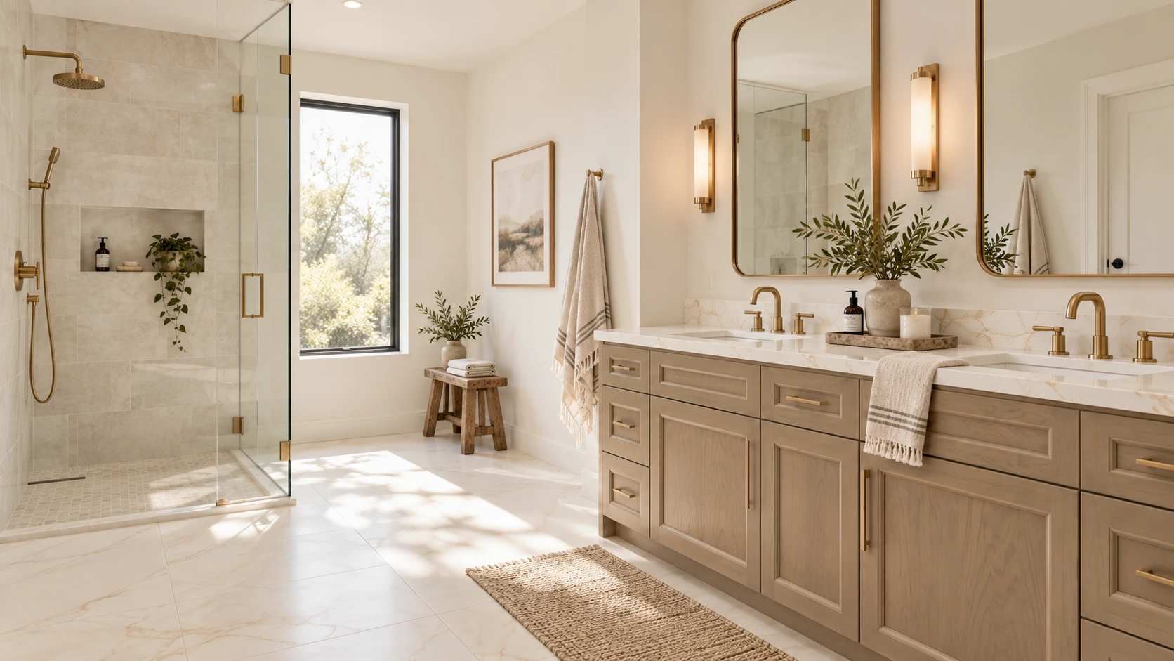 Bathroom color and material palette with coordinated tile, cabinetry and countertop finishes