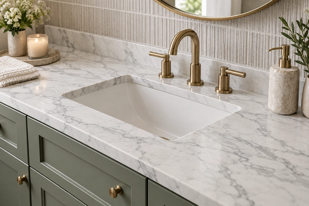 white veined bathroom countertop coordinated with navy vanity and textured backsplash