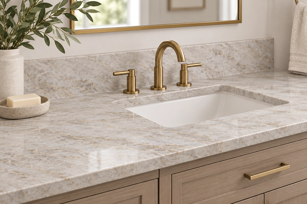 white veined bathroom countertop coordinated with vanity cabinetry and backsplash