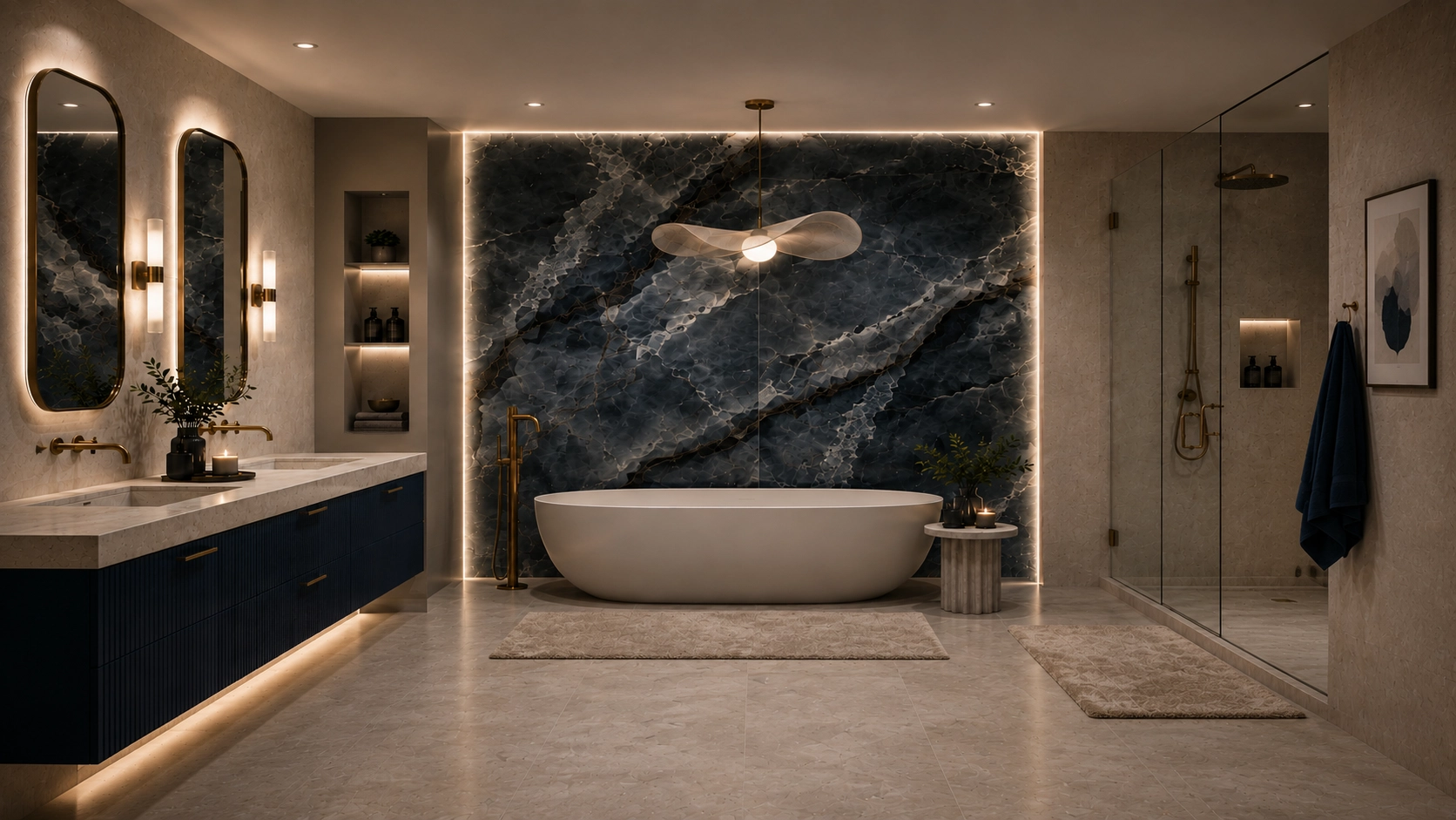luxury bathroom design with navy vanity, freestanding tub, statement stone wall and walk-in shower
