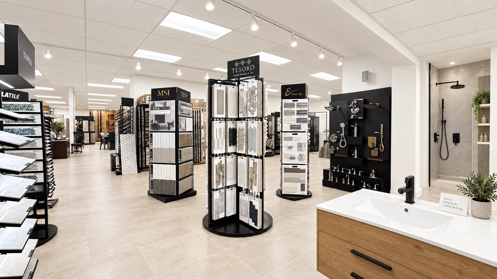 bathroom tile, vanity and countertop displays at karpet king design center in rockville md