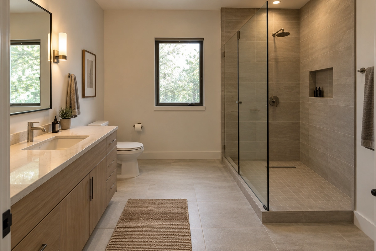 bathroom layout with vanity, walk-in shower and clear circulation space